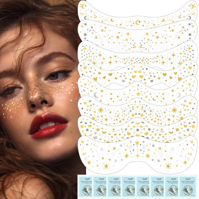 Wugbc Gold & Silver Face Freckles Tattoo - 8 Pcs Sparkle Freckles Temporary Tattoos, Long Lasting Glitter Makeup Speckles Patches - Cute Glitter Combos for Christmas & New Year