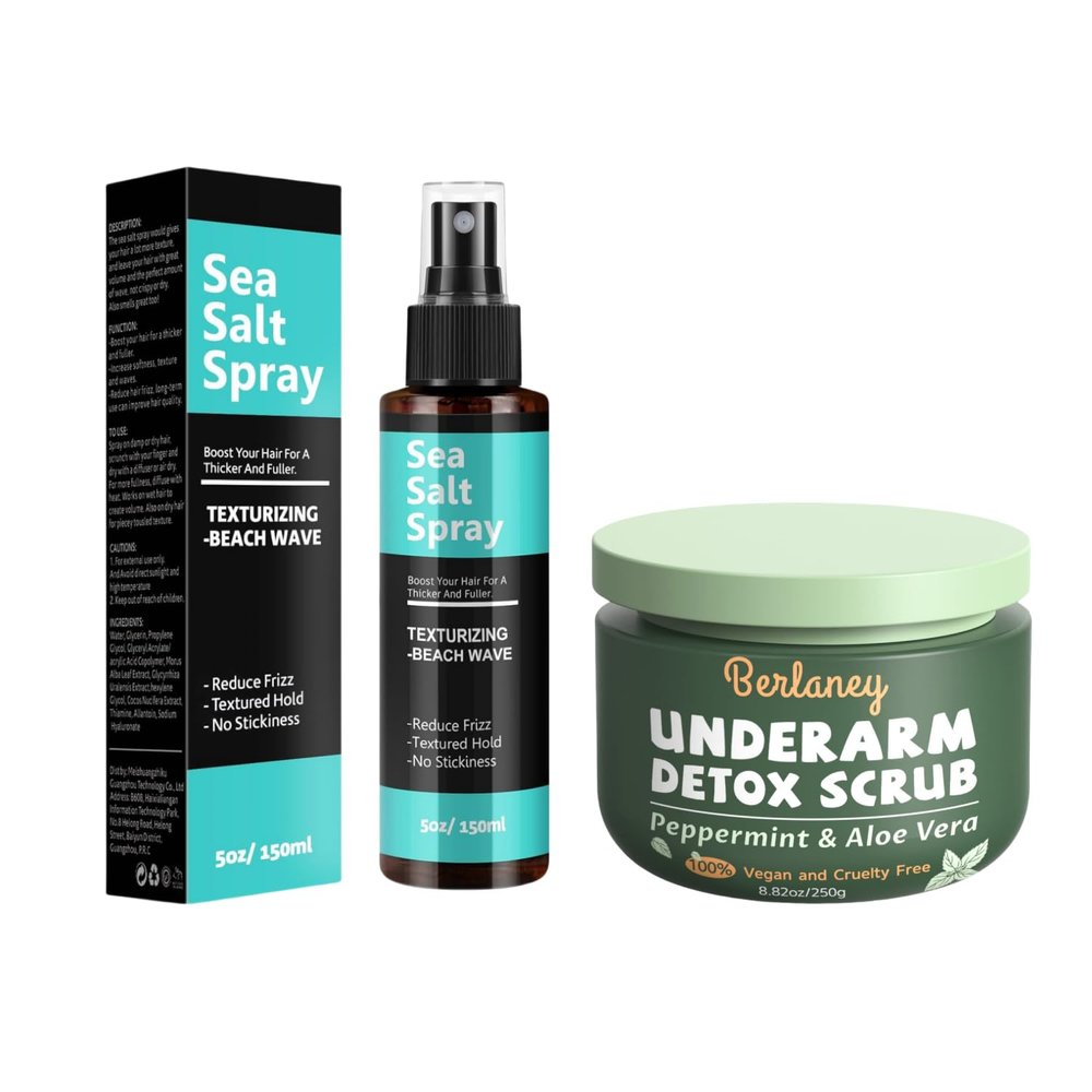 Armpit Detox Scrub 8.8 oz with Peppermint + Sea Salt Spray for Hair Men and Women 5 fl oz