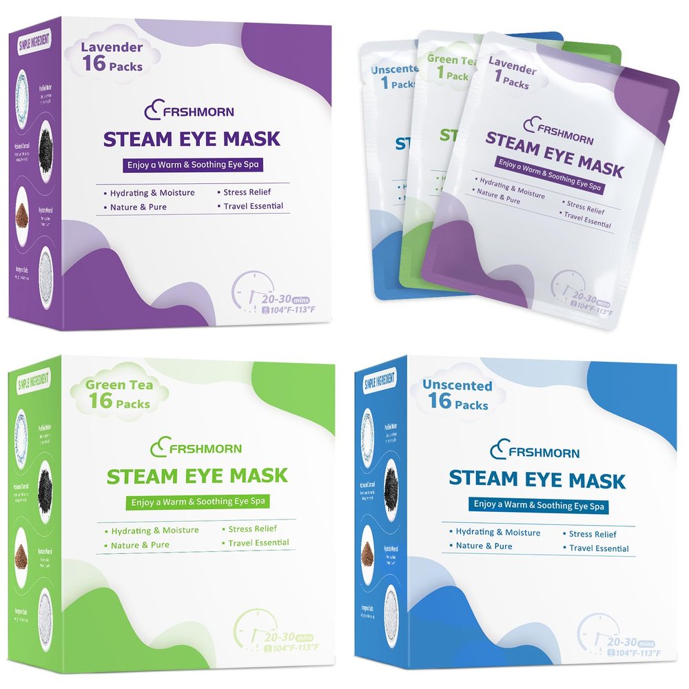 FRSHMORN 48 Packs Steam Eye Mask, Heated Eye Mask Warm Compress for Eyes, Self Heating Disposal Eye Mask Comfortable Sleep Mask for Home Spa, Travel Essentials (Unscented & Lavender & Green Tea)