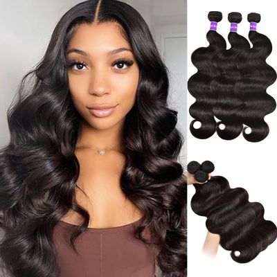 12A Body Wave Human Hair Bundles - 20, 22, 24 Inch Curly, 3 Bundles, 100% Unprocessed Virgin, Wet and Wavy, Double Weft, Natural Black