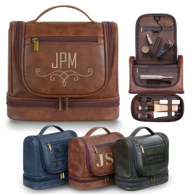 Personalized Hanging Toiletry Bag for Men, Large Capacity PU Leather Vintage Color Travel Dopp Kit, Gifts for Dad Husband Boyfriend Groomsmen, Engraved Custom Name, Birthday Xmas Wedding (Syle 4)