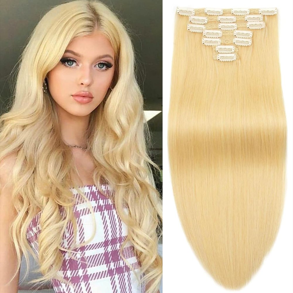 Blonde Clip in Hair Extensions Real Human Hair Straight 14 Inch 613 7pcs 120g Clip ins Hair Extensions Brazilian Remy Human Hair 16 Clips Double Weft Human Hair For Women