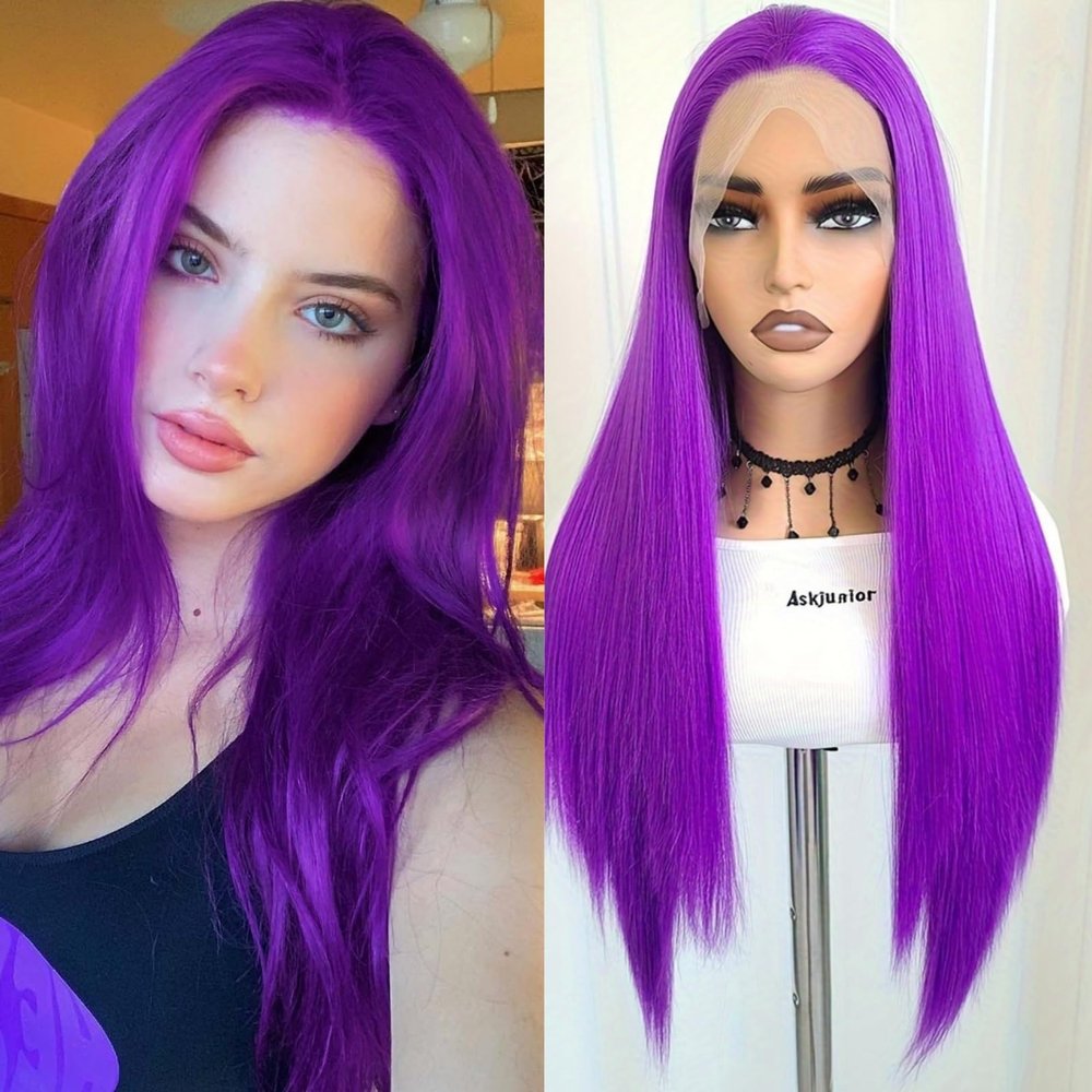 RONGDUOYI Light Purple Lace Front Wig Long Straight Lace Frontal Glueless Synthetic Hair Long Purple Colored Wigs for Women Daily Party Cosplay