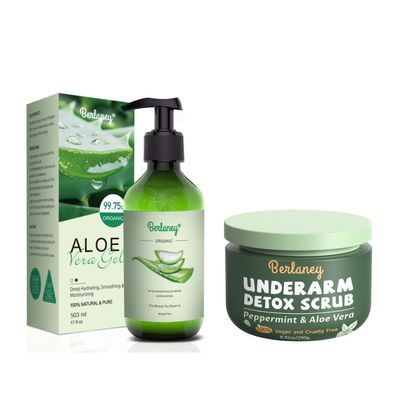 Armpit Detox Scrub 8.8 oz with Peppermint + Organic Aloe Vera Gel 17oz for Face and Body & Hair
