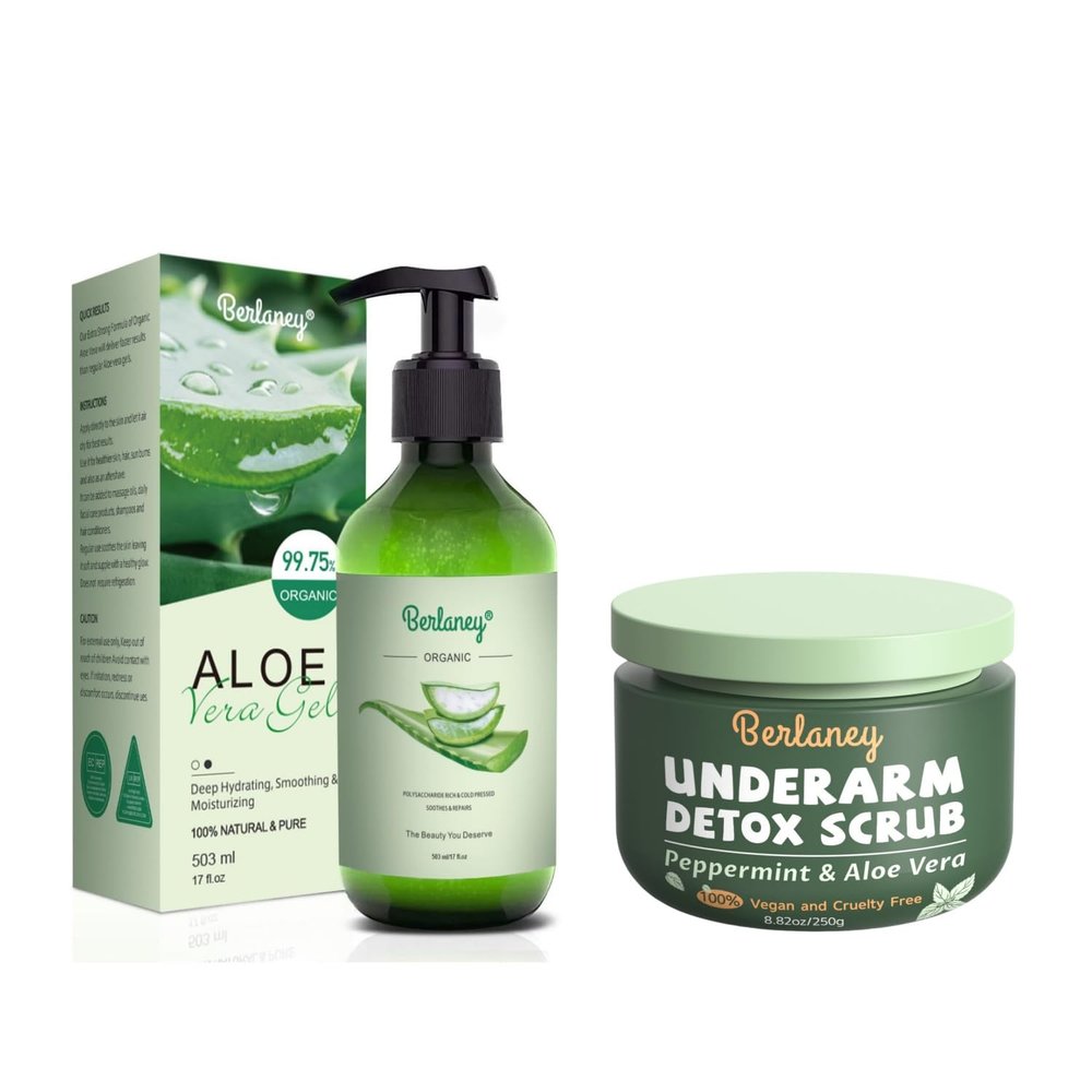 Armpit Detox Scrub 8.8 oz with Peppermint + Organic Aloe Vera Gel 17oz for Face and Body & Hair