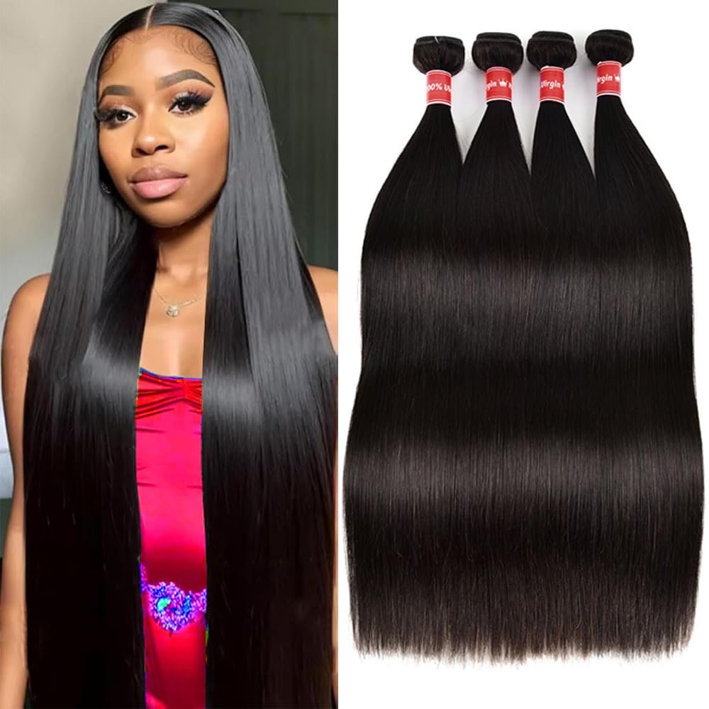 Straight Hair Bundles 12A Bundles Human Hair 20 22 24 26 Inch 100% Unprocessed Brazilian Virgin Hair Weave Bundles Straight Human Hair 4 Bundles Deals Human Hait Natural Black Color