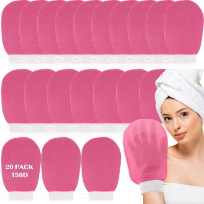 FoldTier 20 Pcs Exfoliating Glove Bulk Summer Exfoliator Mitt Body Scrubber 150d Viscose Fiber Deep Skin Korean Scrub Mitt for Spa Massage Dead Skin Remover for Men and Women(Rose Red)