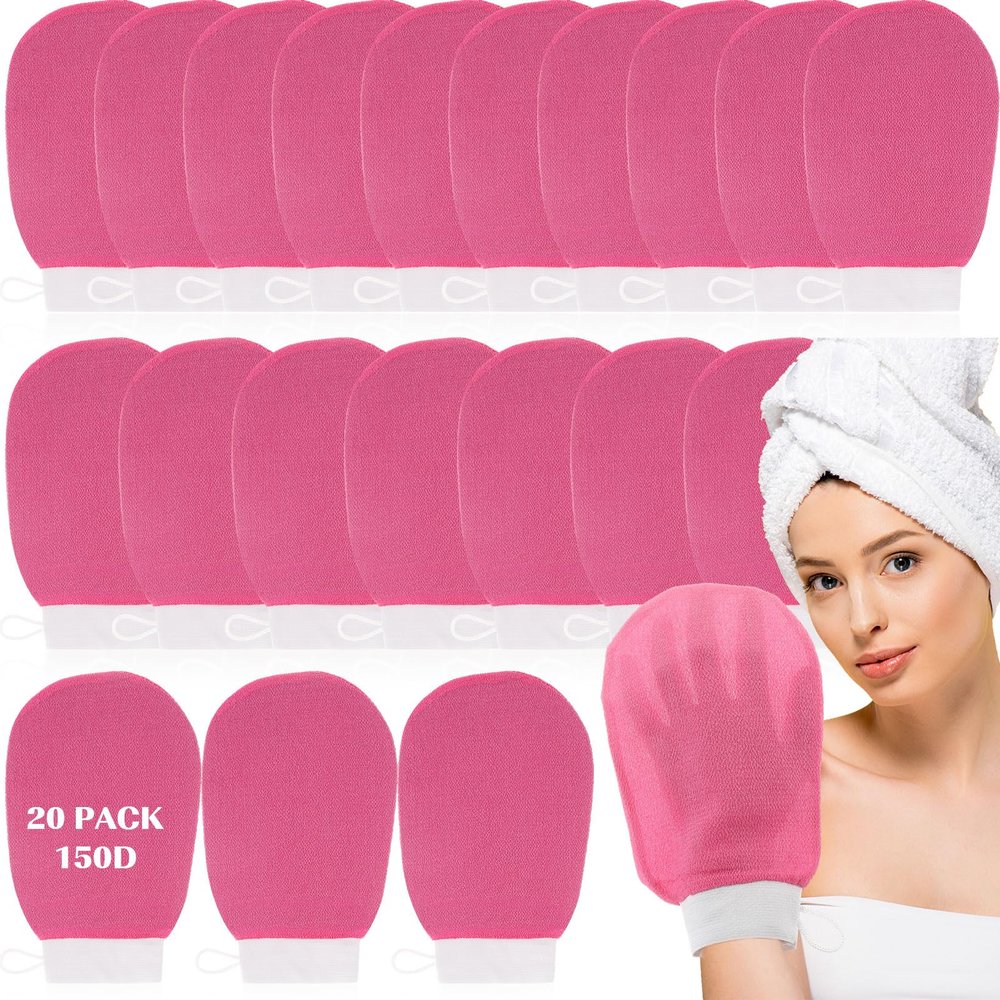 FoldTier 20 Pcs Exfoliating Glove Bulk Summer Exfoliator Mitt Body Scrubber 150d Viscose Fiber Deep Skin Korean Scrub Mitt for Spa Massage Dead Skin Remover for Men and Women(Rose Red)