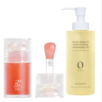 Kaja Juicy Glass Lip Plumping Oil 03 Apricot Allure + NOONI Cleansing Oil - Snow Aqua 0 LHA Toning Pore Care Korean Facial Oil Cleanser, 6.76 fl.oz Bundle