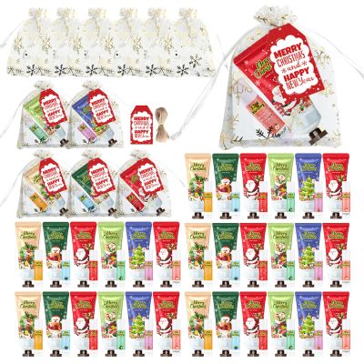 KWOLYKIM 30 Sets Christmas Hand Cream and Lip Balm Gifts - Bulk for Women, Hand Lotion Lip Balm Care for Party Favors with Christmas Cards and Snowflake Organza Gift Bags