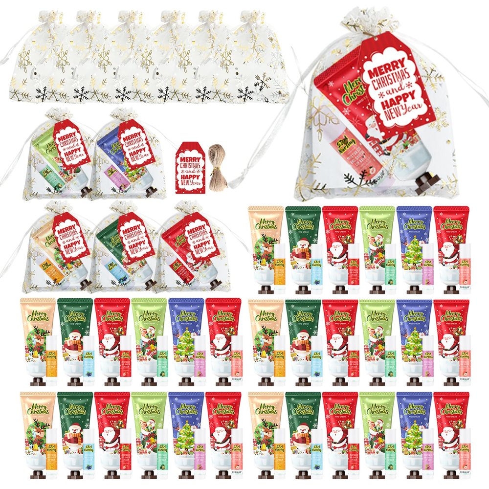 KWOLYKIM 30 Sets Christmas Hand Cream and Lip Balm Gifts - Bulk for Women, Hand Lotion Lip Balm Care for Party Favors with Christmas Cards and Snowflake Organza Gift Bags