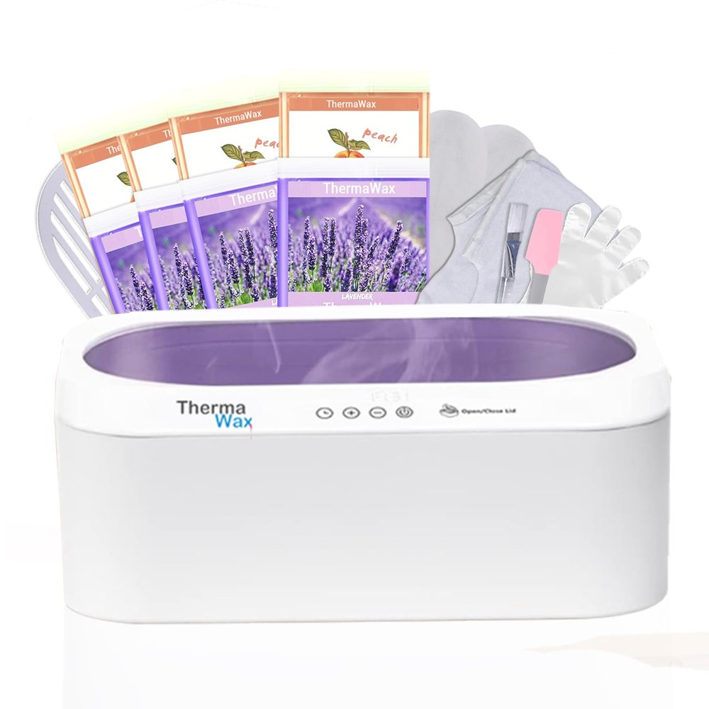 ThermaWax Paraffin Wax Machine | Auto Lid for Hands, Feet & Elbows |20-Minute Quick Melt |Precision Temperature Control | Includes 8 Refills(4-Peach, 4-Lavender),Cotton Gloves,Booties,Brush, & Spatula