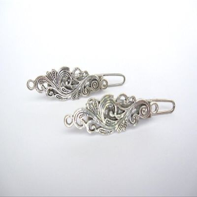 2 extra tiny small silver metal filigree barrette hair clip fine thin hair