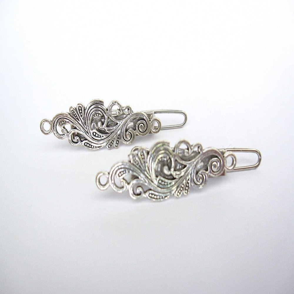 2 extra tiny small silver metal filigree barrette hair clip fine thin hair