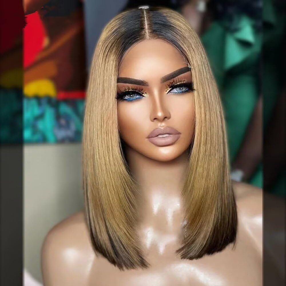 13X4 HD Transparent Lace Front Human Hair Wigs Short Bob Highlight Glueless Wigs 180% Density Full End Bob Straight Lace Front Wig Brazilian Hair Ombre Wigs Pre Plucked Bleached Knots For Woman