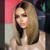 13X4 HD Transparent Lace Front Human Hair Wigs Short Bob Highlight Glueless Wigs 180% Density Full End Bob Straight Lace Front Wig Brazilian Hair Ombre Wigs Pre Plucked Bleached Knots For Woman view 2