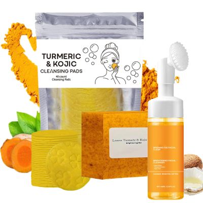 Derperzi Turmeric Wash And Care 3 Piece Set, Turmeric Face Wash With Brush, Lemon Face Bar, Scrub Pads for Skin, Moisturizing Skincare Set for for Face and Body