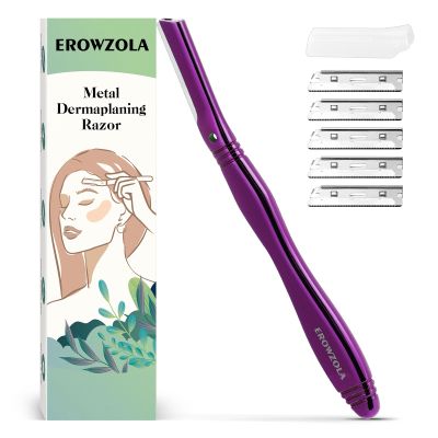EROWZOLA Eyebrow Razor for Women and Men, Face Razors for Women, Dermaplane Razor with Protective Silicone Cover, Reusable Metal Handle with 6 Refill Blades, Skin Care Tool - Purple