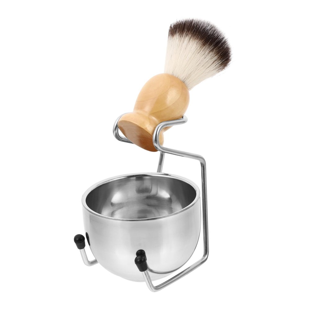 Baluue 1set Grooming Shaving Brush and Bowl Kit Stand Portable Stainless Steel Soap Bowl Rack for Men Space-saving Shaving Set for Travel and Everyday Use