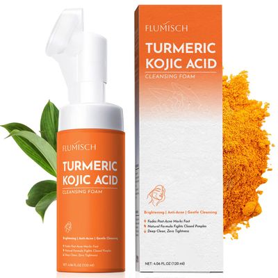 FluMisch Turmeric Kojic Acid Facial Cleanser, Brightening Foaming Face Wash with Soft Massage Heads, Kojic Acid Cleanser Exfoliating, Turmeric Cleansing for Dark Spots 4.23 oz