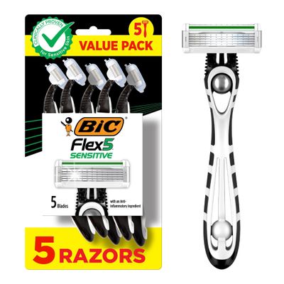 BIC Flex 5 Sensitive Men's Disposable 5-Blade Razors, Comfortable Shave, 5-Pack