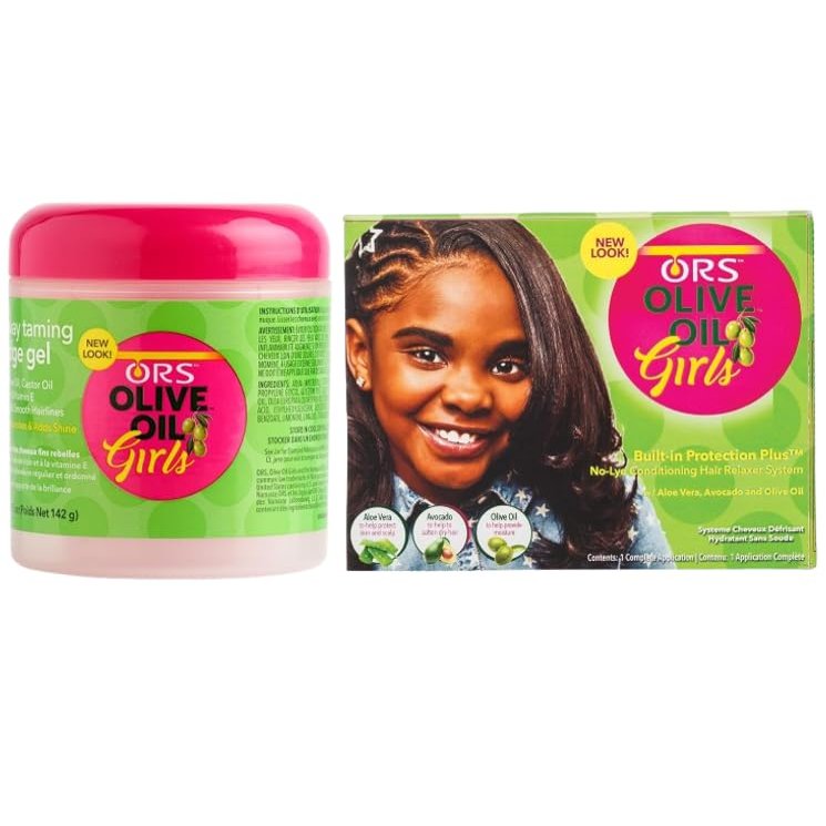ORS Olive Oil Girls Built-In Protection + No-Lye Conditioning Relaxer System 1 ea - Girls Fly-Away Gel for Taming Edges Infused with Olive Oil and Vitamin E - Bundle