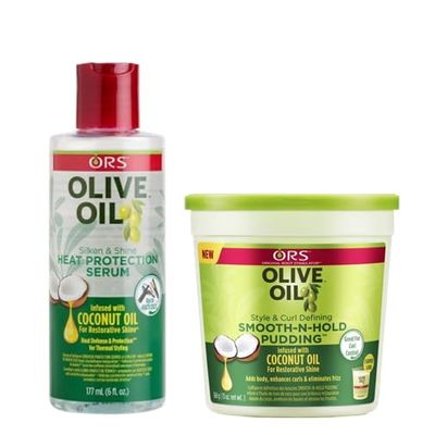 ORS Heat Protection Hair Serum infused with Coconut Oil for Restorative Shine Olive Oil Style and Curl Smooth-N-Hold Pudding - Bundle