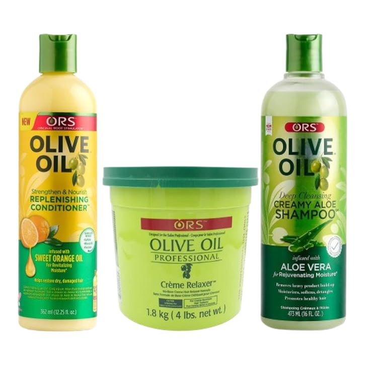 ORS Olive Oil Professional Creme Relaxer 64 Ounce - Moisture Restore Creamy Aloe Shampoo Olive Oil Strengthen & Nourish Replenishing Conditioner - Bundle