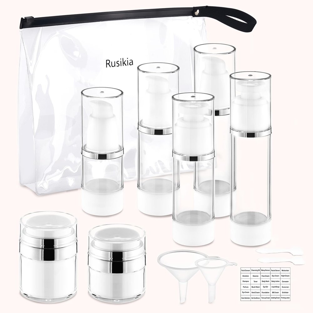 13 Pack Travel Size Containers, 1.7/1/0.5oz Clear Airless Pump Bottles, Makeup Containers, TSA Approved Skincare Empty Travel Bottles Leak Proof Refillable Jars for Toiletries, Lotion, Liquid, Cream