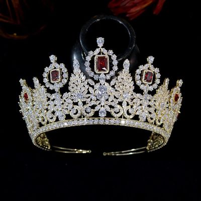 XMKJCHA Hair Jewelry Crown Tiaras for Women Crystal Wedding Hair Accessories Red Cubic Zirconia Queen Crown and Tiara Headband Bridal Crown Jewelry