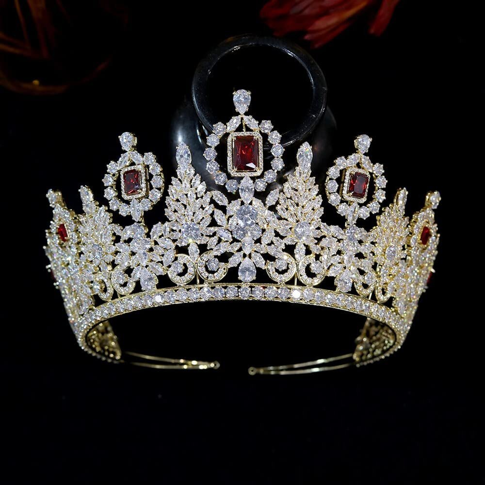 XMKJCHA Hair Jewelry Crown Tiaras for Women Crystal Wedding Hair Accessories Red Cubic Zirconia Queen Crown and Tiara Headband Bridal Crown Jewelry