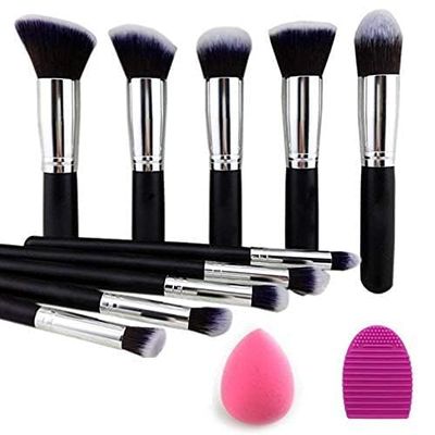 Premium Synthetic Kabuki Foundation Face Powder Blush Eyeshadow Brush Kit, Set of 10, Black/Silver