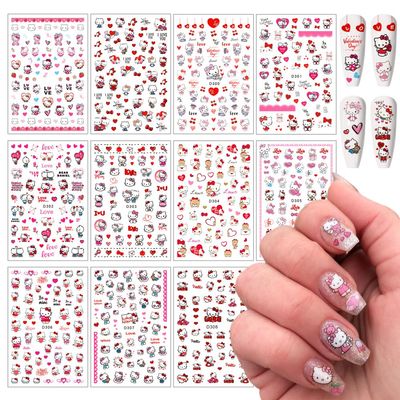 Valentines Nail Stickers Pink Cat Nail Art Stickers 3D Cat Self-Adhesive Nail Design Supply Heart Lover Romantic Cartoon Nail Decals for Women Girls DIY Manicure Decoration