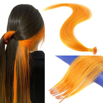 10 Strands/lot Colored I Tip Human Hair Extension For Women Girls Gift Cosplay Dress Up Party Feather Hair Extensions With Micro Beads And Pulling Needle 20INCH, Orange)