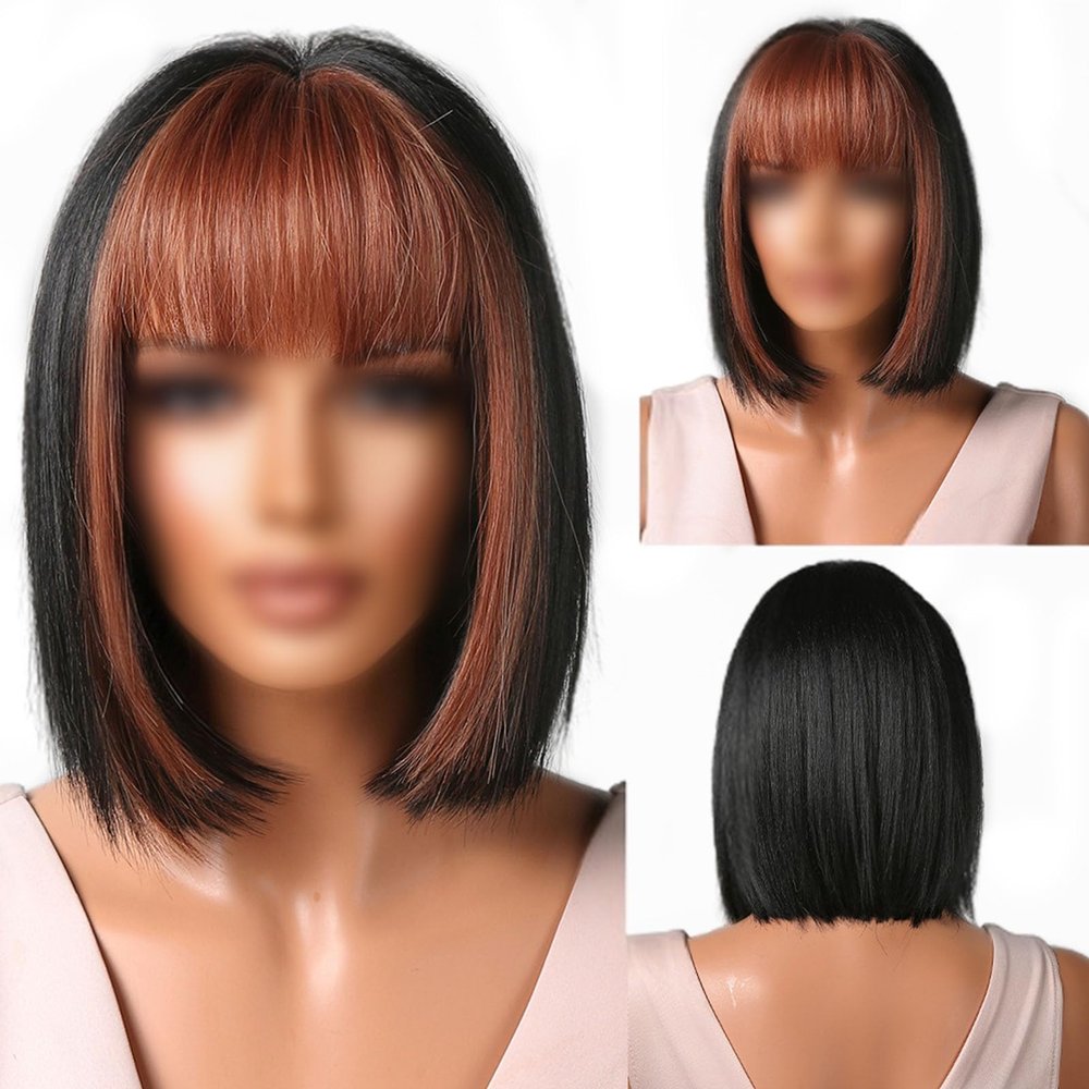 kfzhenqi Short Bob Wig Straight Hair Wig with Bangs Shoulder Length Straight Wig Synthetic Flat Bangs Bob Wig Full Hair Wigs Daily Wigs For Women 12 In Brown Black