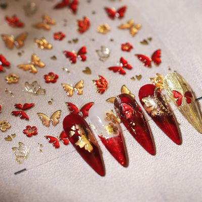 2 Sheets Fall Winter 5D Embossed Nail Art Stickers, Red & Green Butterfly Nail Decals for Nail Art, Self-Adhesive Nail Art Supplies Flower Stickers for Women DIY Manicure