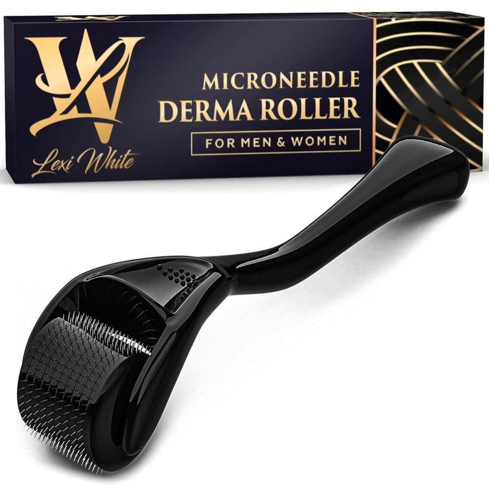 Derma Roller for Skin, Hair & Beard Women and Men Titanium Microneedling Roller for Face & Scalp, Safe & Easy to Use - Glossy Black