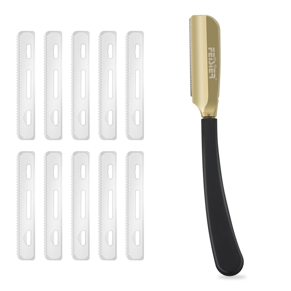 FEISIER Straight Razors for Men, Professional Straight Single Edge Razor Kit, Silicone Handle Straight Razor with Guard,Stainless Steel Barber Razor for Shaving,Salon Shavette,10 Blades Included