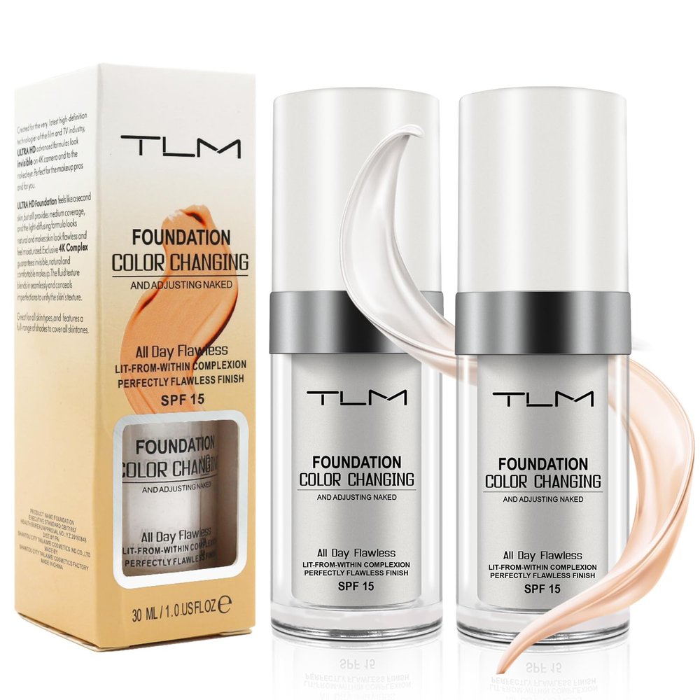 2PCS TLM Color Changing Foundation, Flawless Colour Changing Warm Skin Tone Liquid Foundation for Mature Skin, Waterproof Moisturizing Foundation Makeup Base Nude Concealer Full Coverage SPF15
