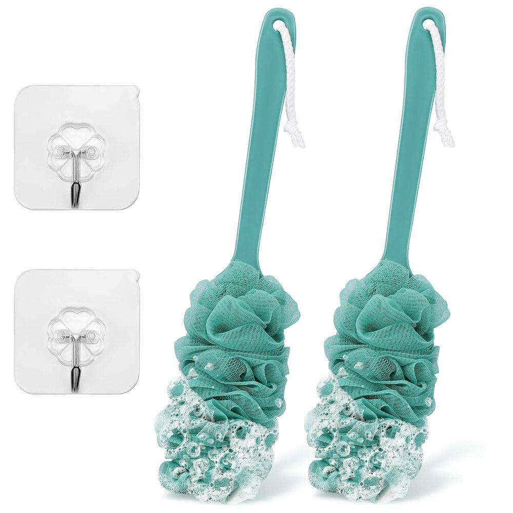 2Pack Back Scrubber for Shower Loofah with Long Handle, Shower Brush for Body, 17 Loofah on a Stick for Men Women Bathing Accessories, Scrubber Sponge for Exfoliating Bath Brushes (Green)