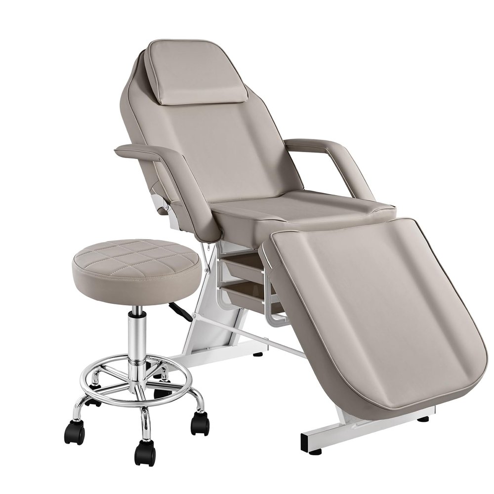 Dangvivi Tattoo Chair for Client with Rolling Stool, Tattoo Bed Table with Storage Baskets, Facial Chair Esthetician Bed, Lash Table Armchair for Eyelash Extensions,Gray(Modern, Grey)