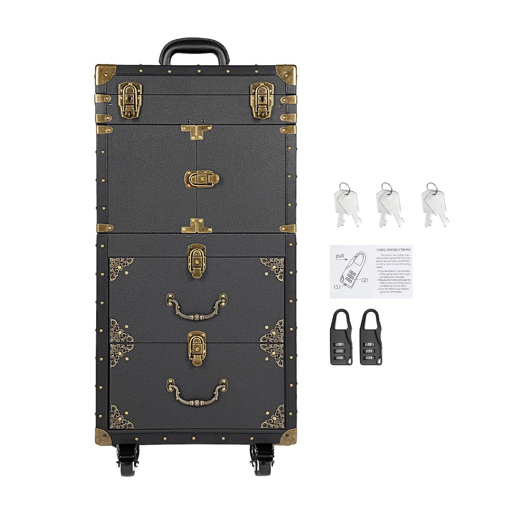 BOPRCSH Rolling Lockable Makeup Train Case, Hairdressing Trolley Stylist Beauty Salon Cosmetic Luggage Travel Organizer Tool Box - 55.12lbs Capacity, Professional Cosmetic Organizer Box for Home