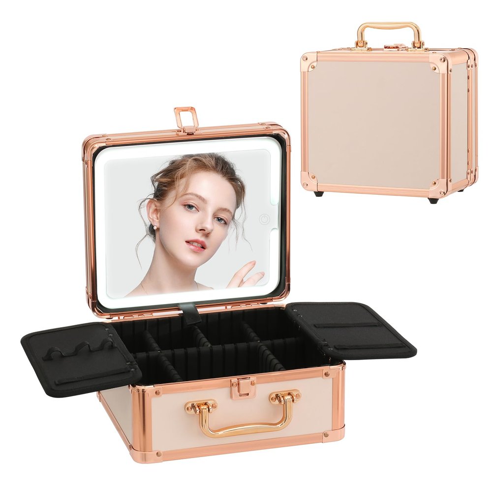 Leeora&Leekoo Makeup Box with Lighted Mirror,Portable Makeup Train Case Organizer (Off white)