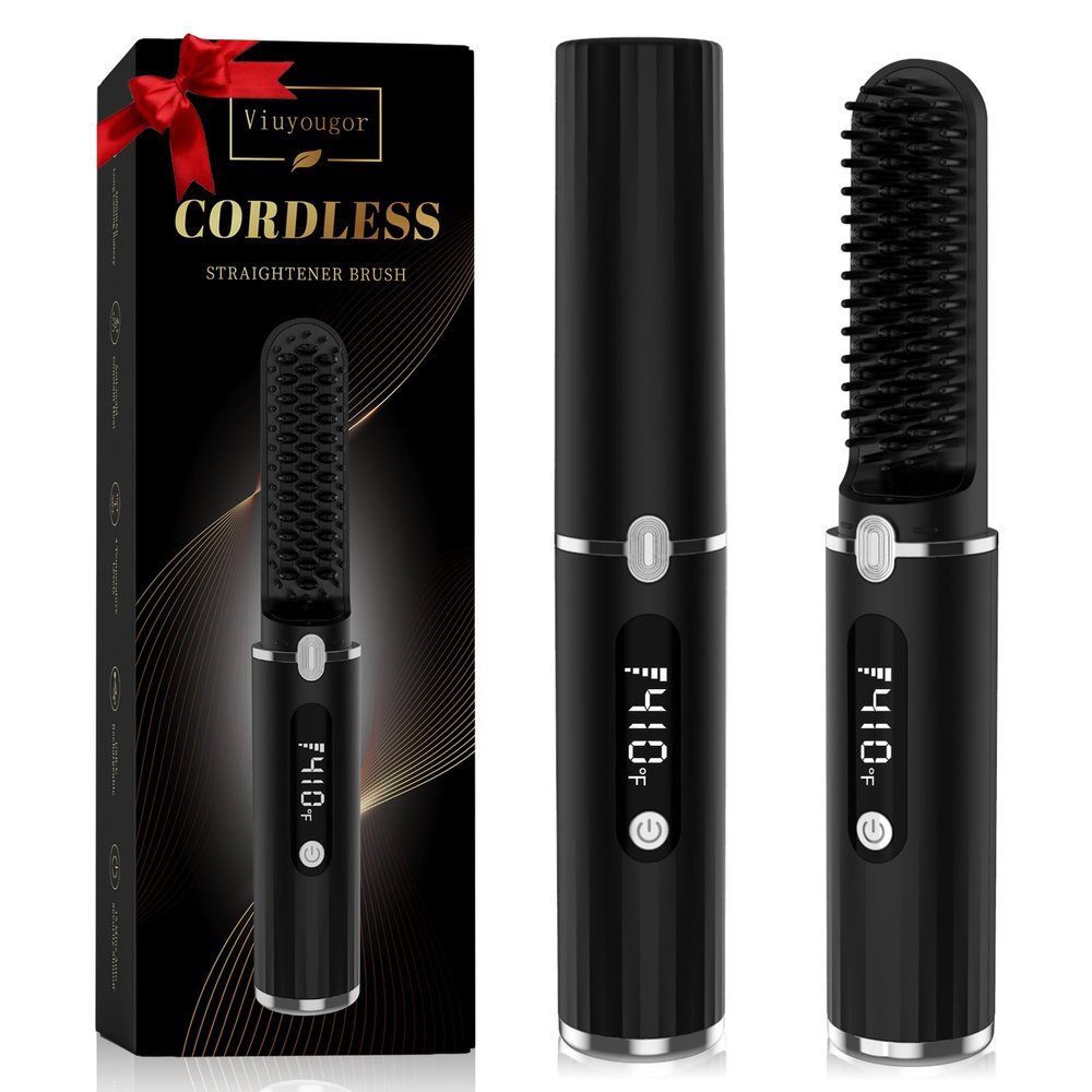 Viuyougor Beard Straightener for Men, Cordless Portable Heated Beard Straightening Comb with LCD, Beard and Hair Straightener Brush Hot Comb, Anti-Scald & Automatic Shut-Off, Portable for Travel