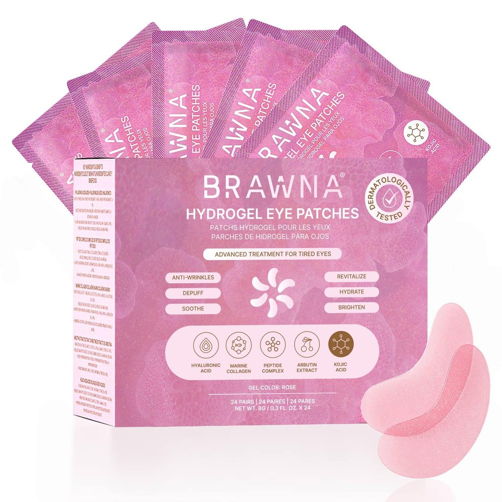 BRAWNA Under Eye Patches  Hydrogel Masks with Collagen, Peptides & Kojic Acid  For Puffy Eyes, Fine Lines, Dark Circles & Brightening  Rose  24 Pairs