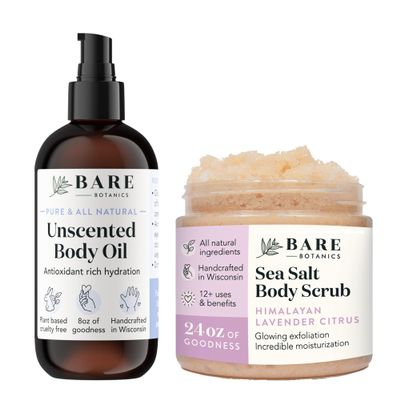 Bare Botanics Unscented Body Oil (Custom Formulated) + Lavender Citrus Body Himalayan Salt Scrub