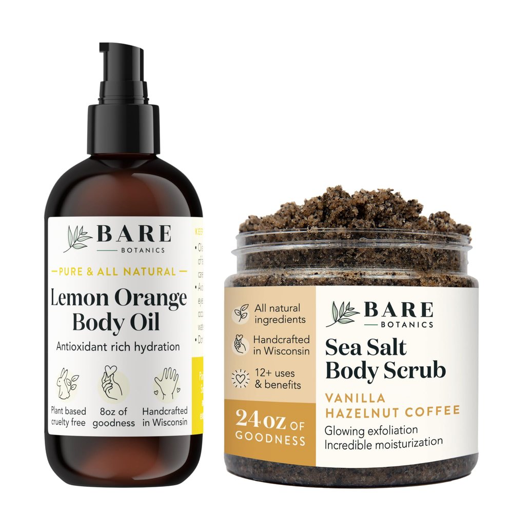 Bare Botanics Lemon Orange Body Oil (Custom Formulated) + Vanilla Hazelnut Body Coffee Scrub
