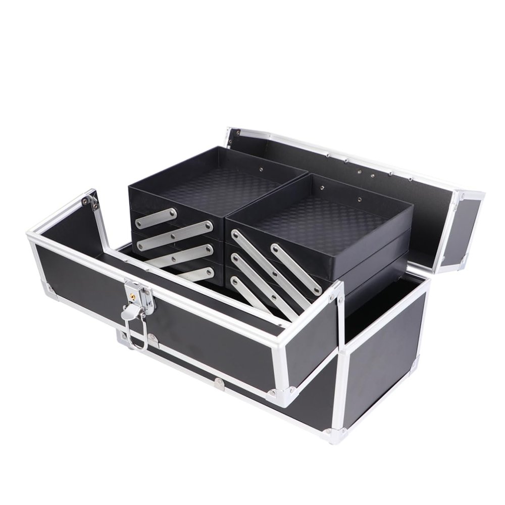 BIUDECO Handheld Makeup Train Case 3 Tiers Portable Cosmetics Box Organizer for Travel Black Storage Adjustable Compartments