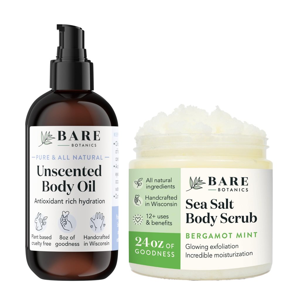 Bare Botanics Unscented Body Oil (Custom Formulated) + Bergamot Mint Body Salt Scrub