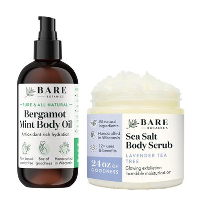 Bare Botanics Bergamot Mint Body Oil (Custom Formulated) + Lavender Tea Tree Body Salt Scrub